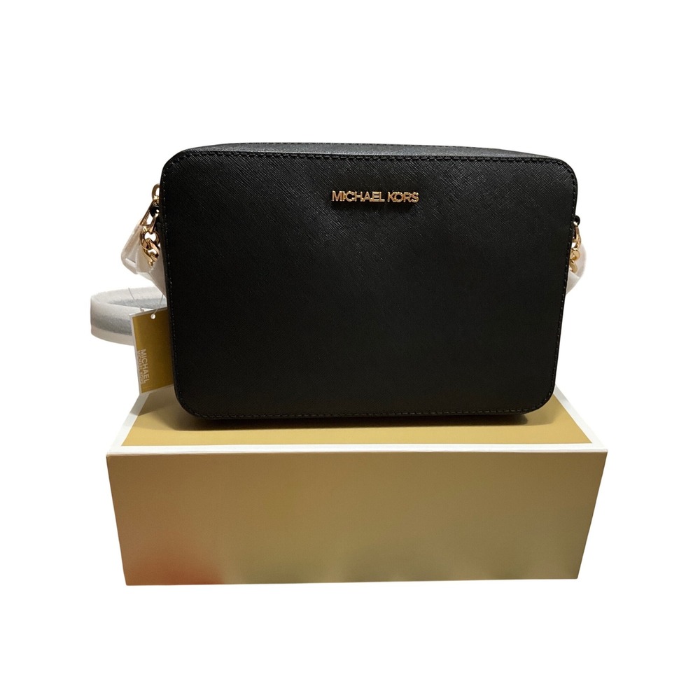 MICHAEL KORS Jet Set Item Medium Saffiano Leather Dome Crossbody Bag Black Gold
